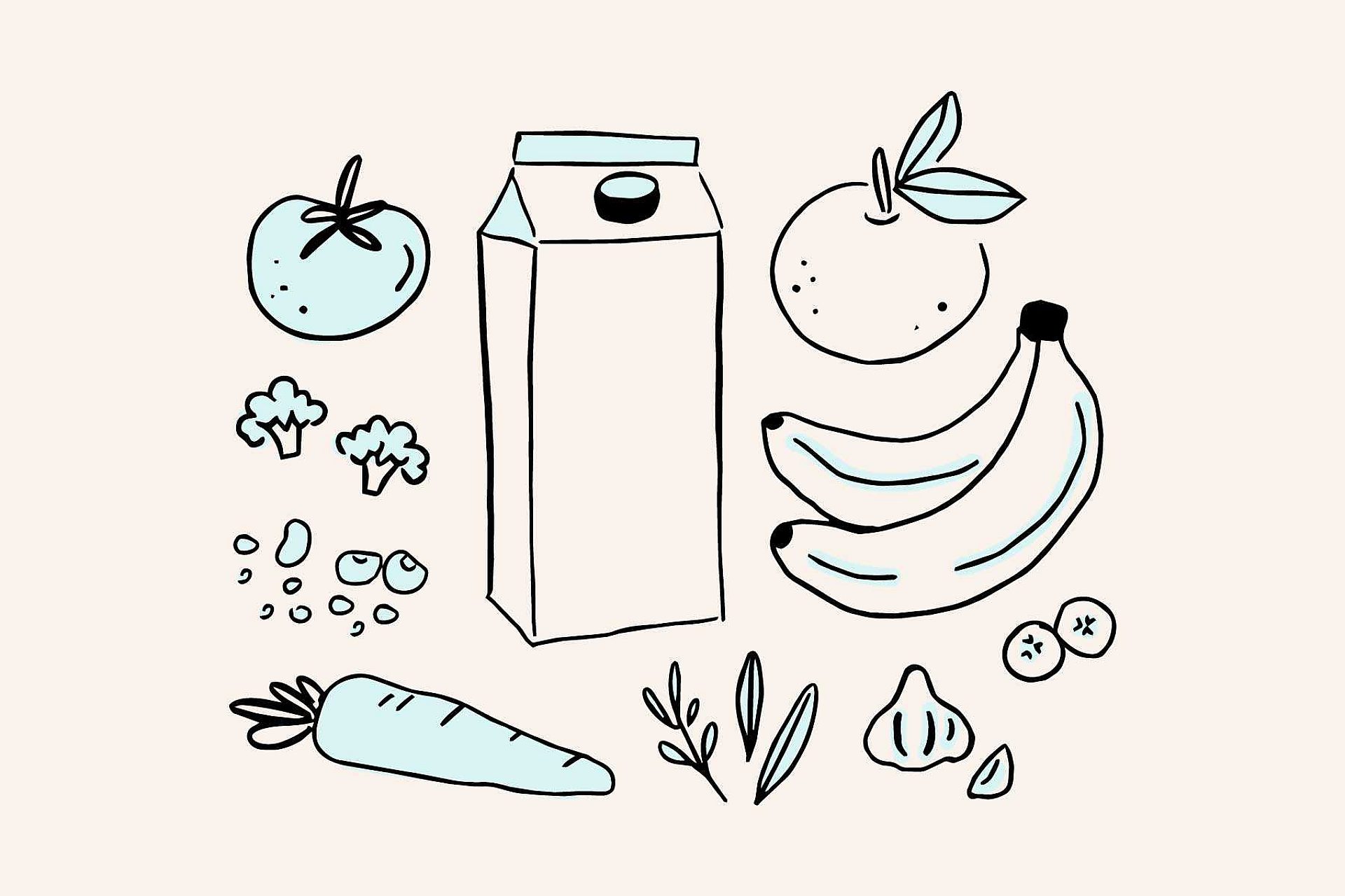 Drawn illustration of fresh produce, milk, and healthy foods for kidney disease nutrition management.