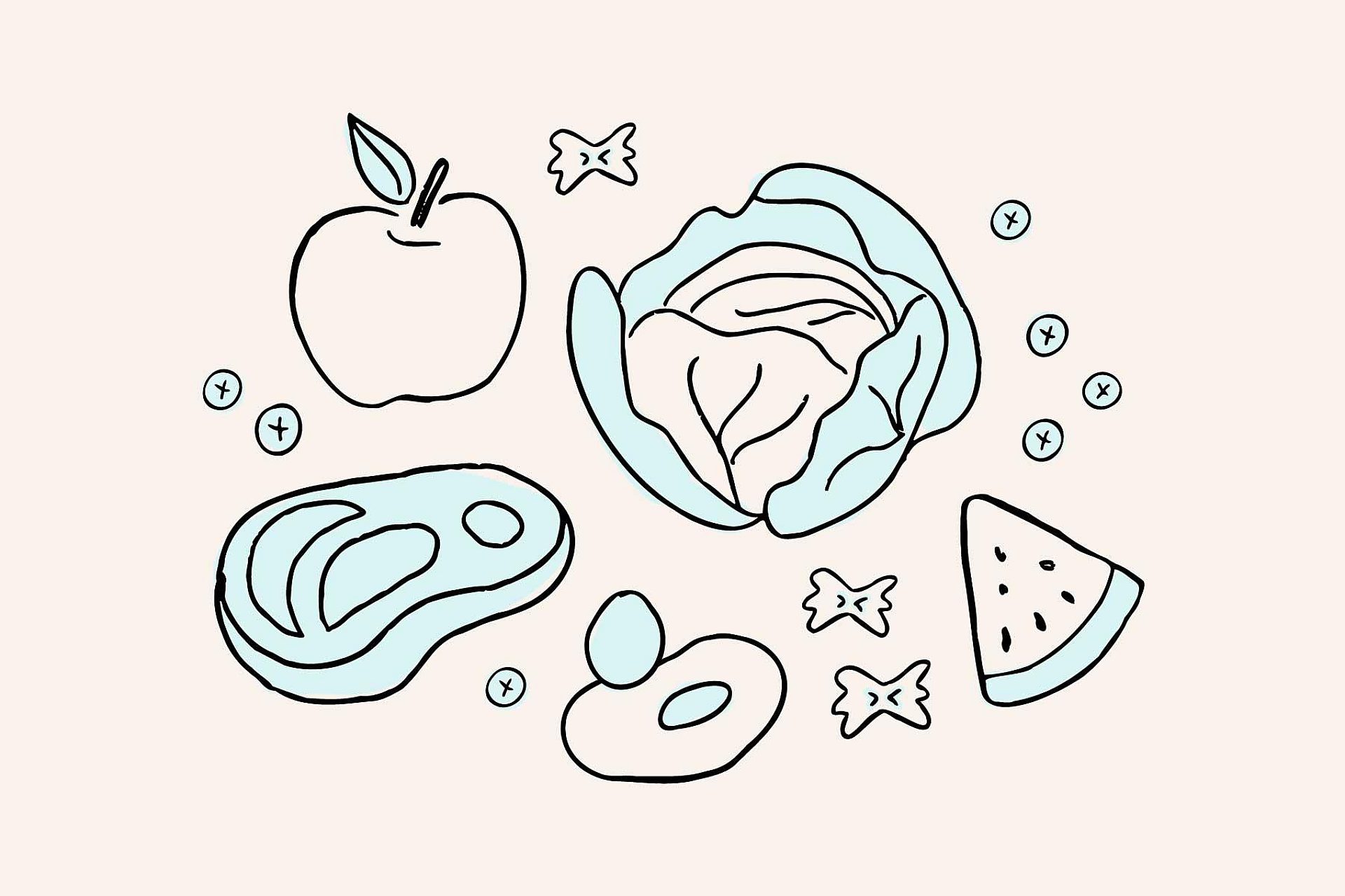 Graphic illustration of cabbage, protein, and fruit choices recommended by a nephrologist for proper nutrition.