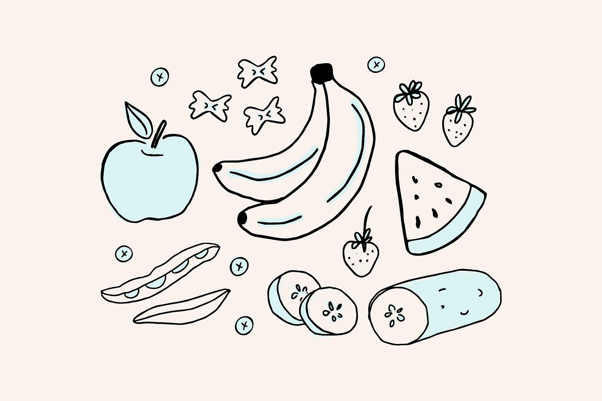 Simple illustration of apples, bananas, watermelon, and cucumber supporting a nephrology diet plan.