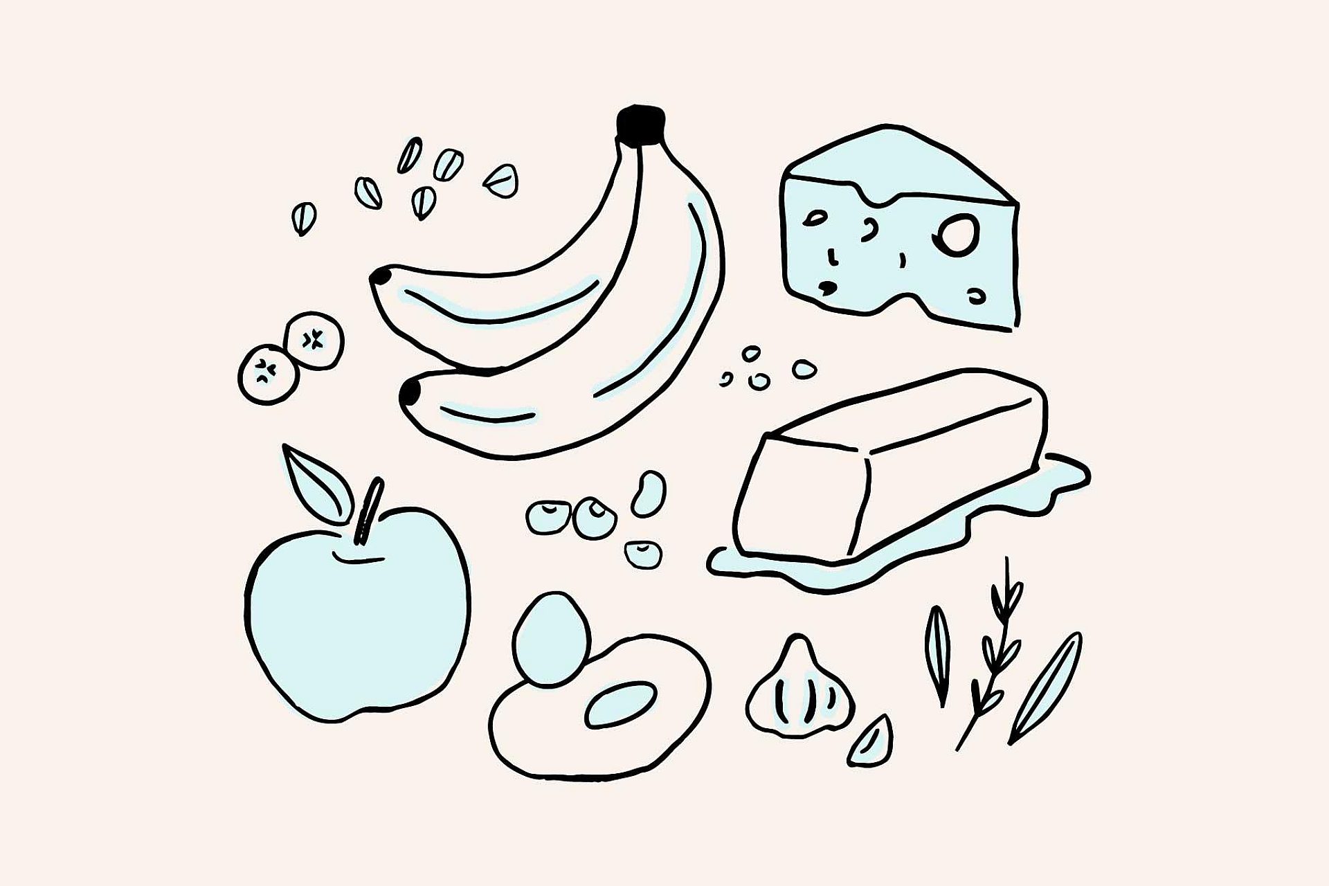 Line art illustration of bananas, cheese, apples, and eggs representing dietary guidelines for Mississippi kidney health.