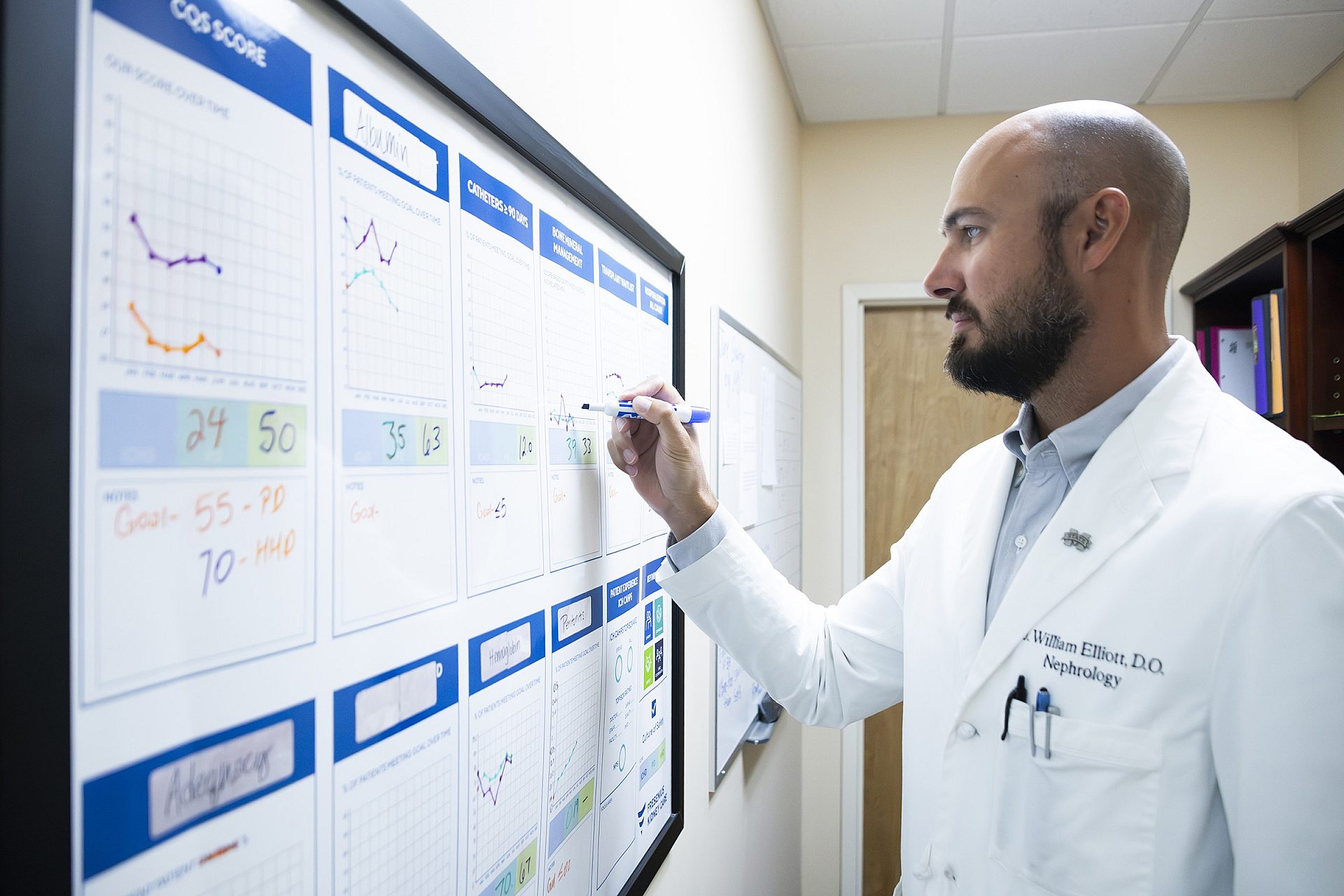 Nephrologist Dr. William Elliott updating patient care tracking metrics on a whiteboard at a Mississippi kidney clinic.