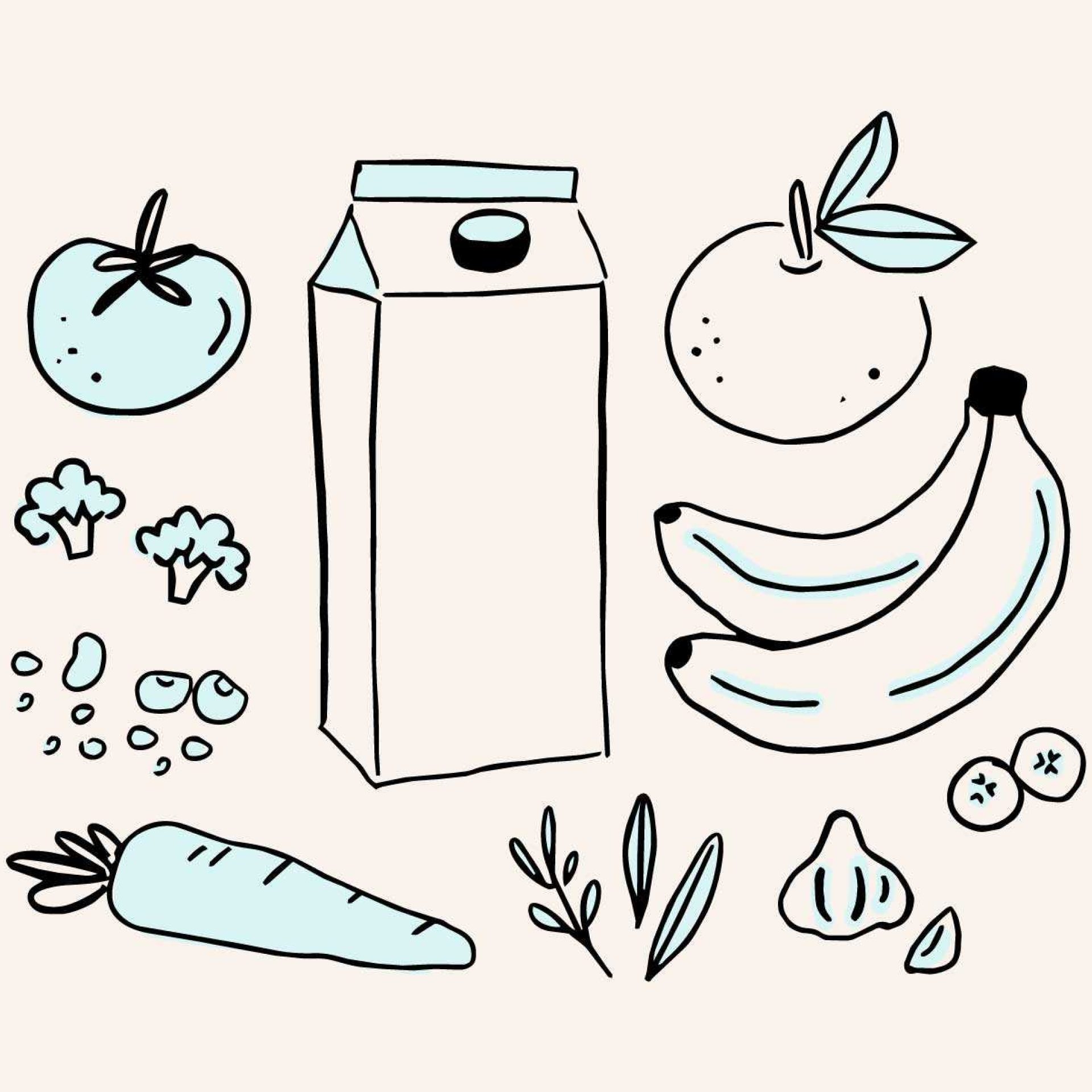 Drawn illustration of fresh produce, milk, and healthy foods for kidney disease nutrition management.