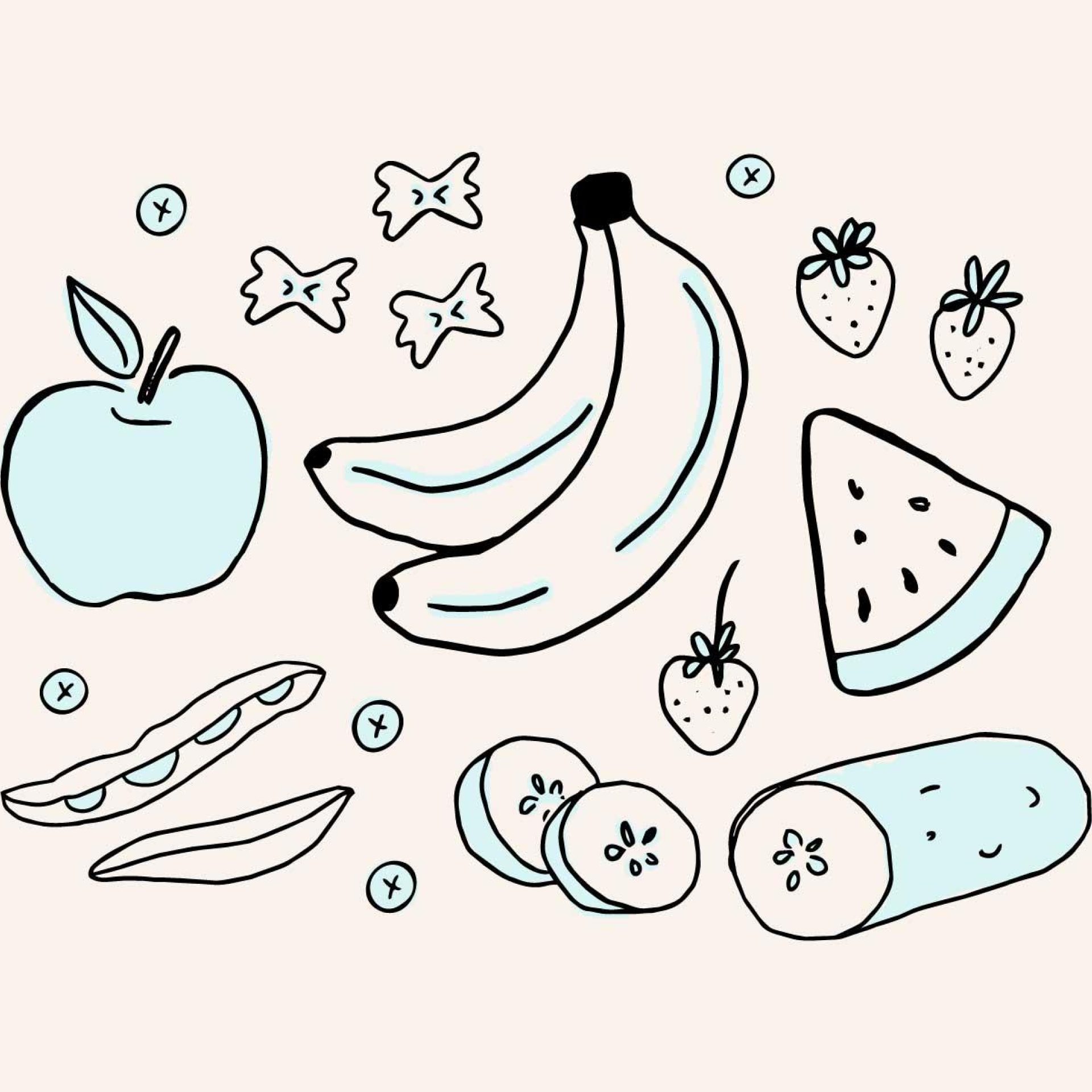 Simple illustration of apples, bananas, watermelon, and cucumber supporting a nephrology diet plan.