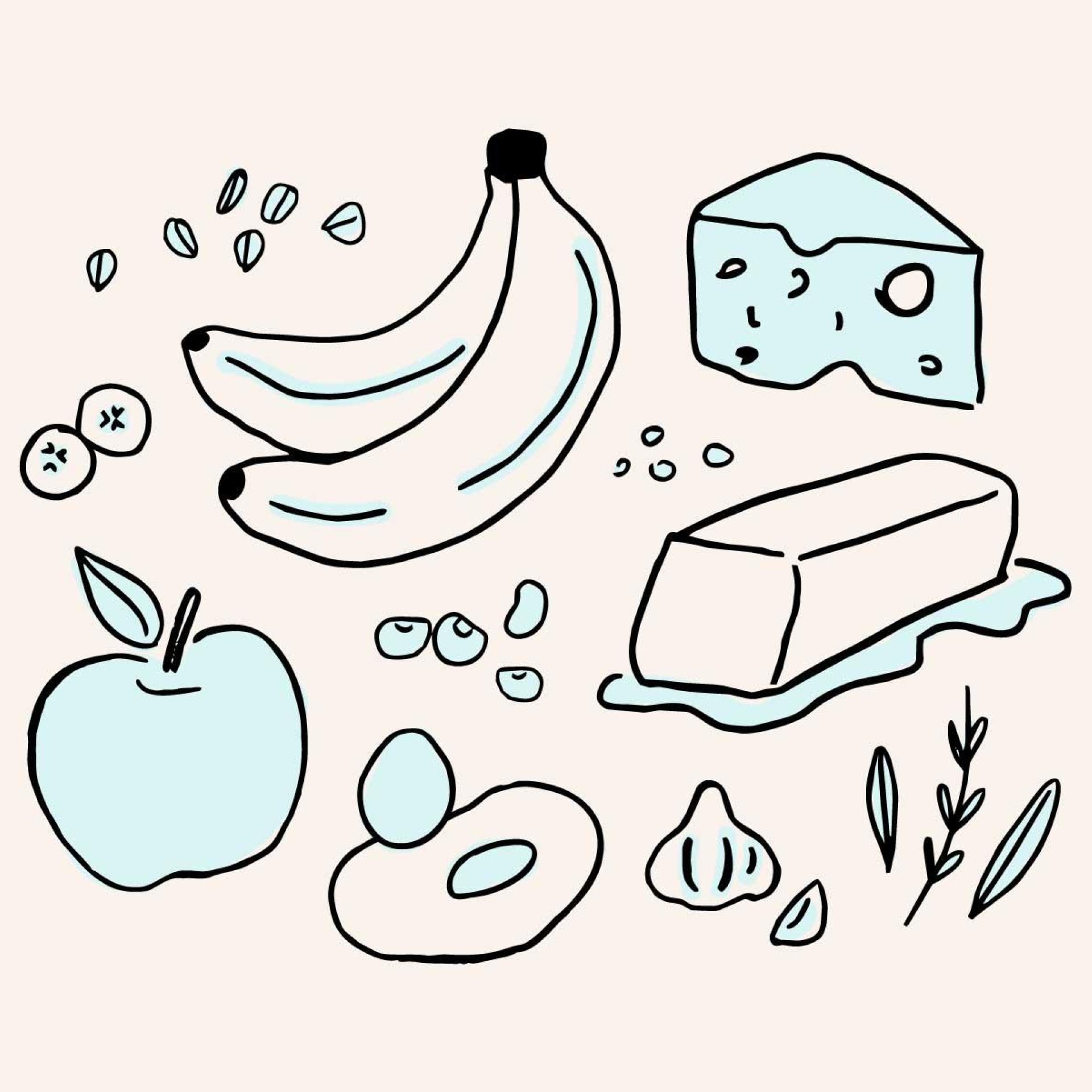 Line art illustration of bananas, cheese, apples, and eggs representing dietary guidelines for Mississippi kidney health.