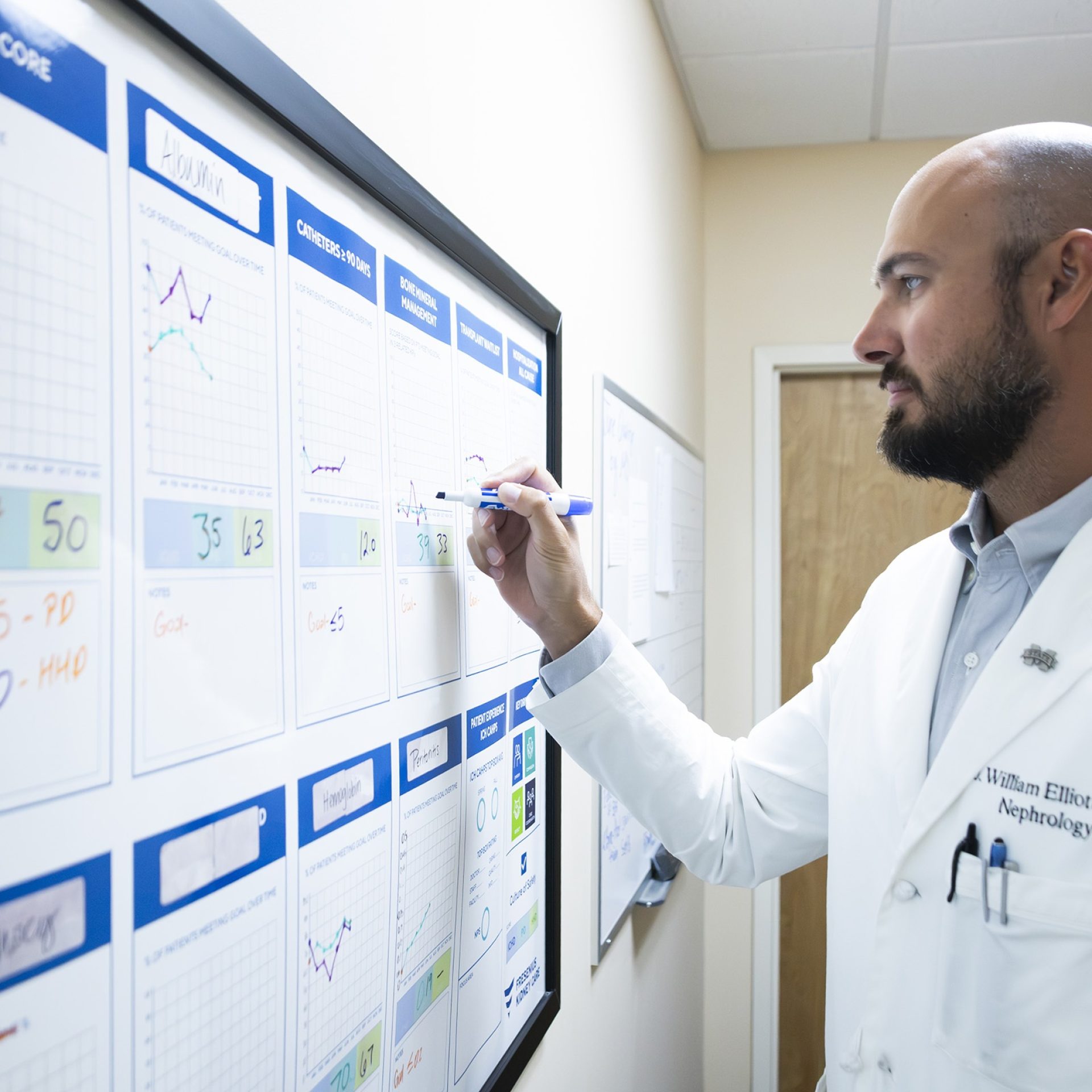 Nephrologist Dr. William Elliott updating patient care tracking metrics on a whiteboard at a Mississippi kidney clinic.